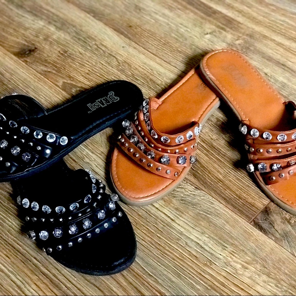 Two Pairs of Brash Faux Leather Rhinestone Slide Sandals Black:Tan - Womens 7.5